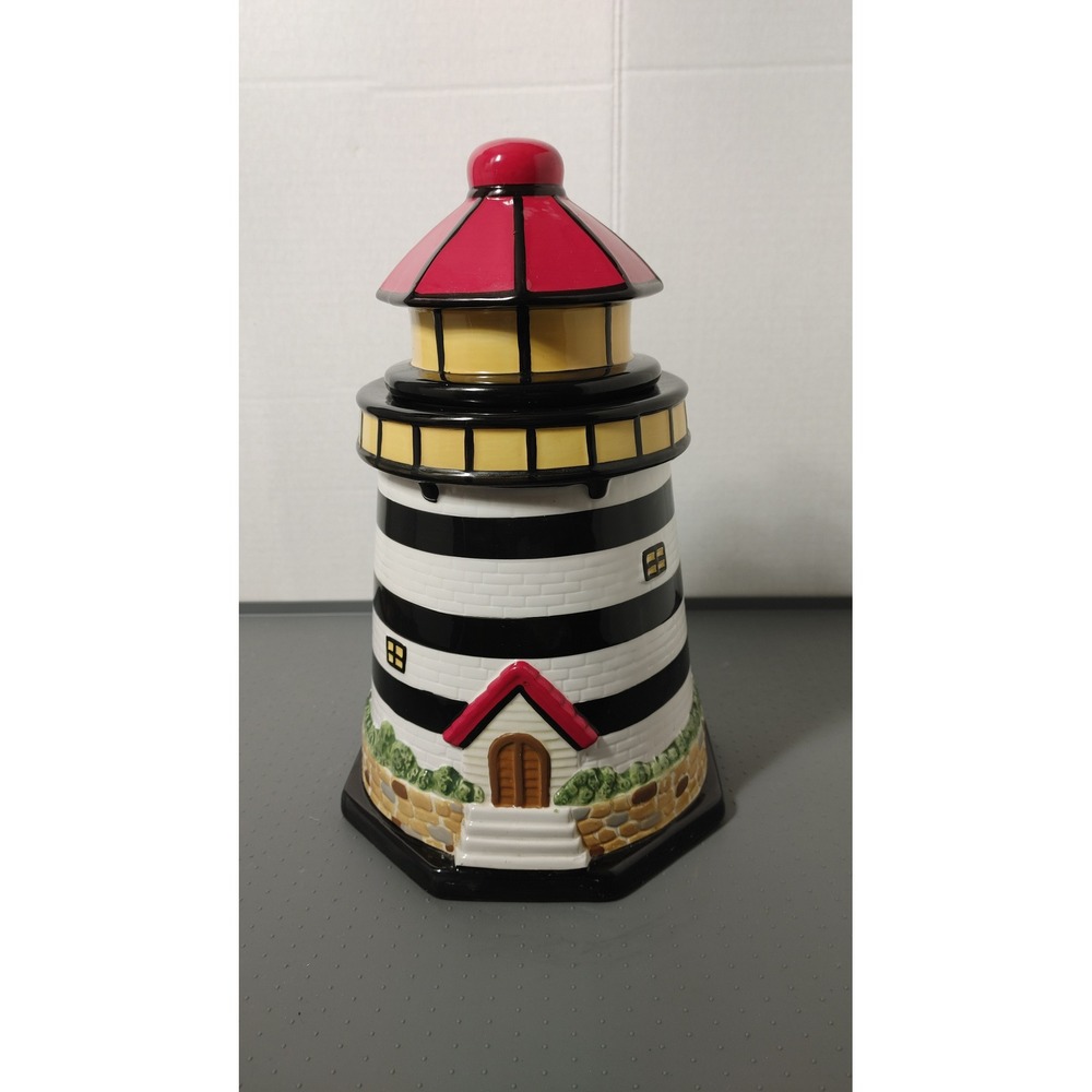 Lighthouse Cookie Jar Nautical Black White Red Ceramic Good Condition